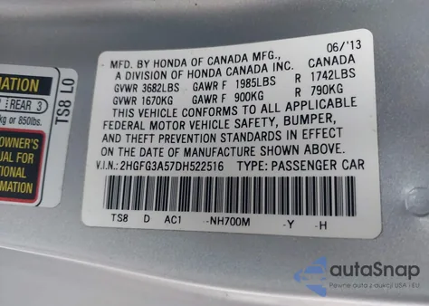 2013 Honda Civic Lx from USA, damaged, VIN 2HGFG3A57DH522516